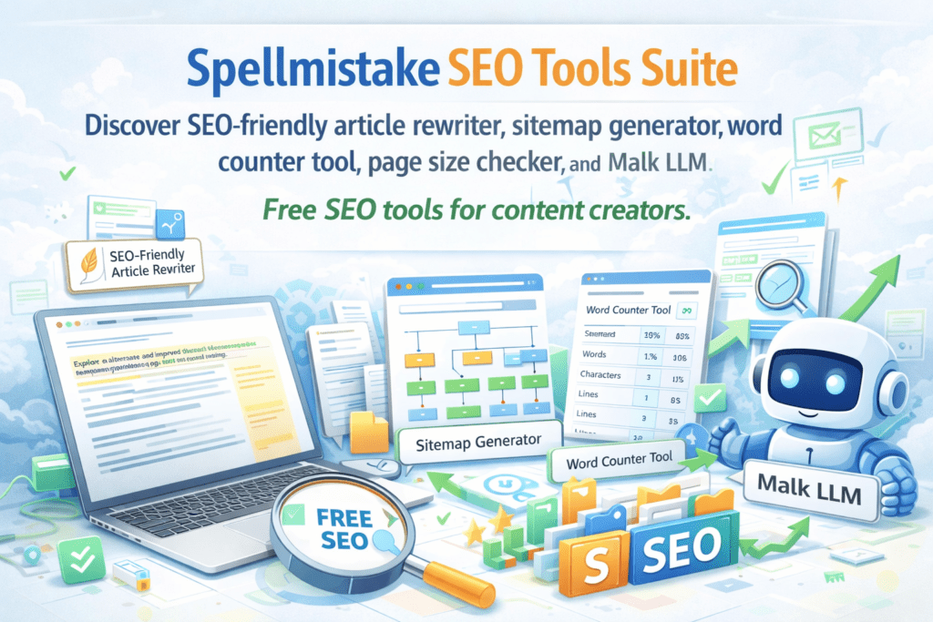 Spellmistake SEO tools suite. Discover SEO-friendly article rewriter, sitemap generator, word counter tool, page size checker, and Malk LLM. Free SEO tools for content creators.